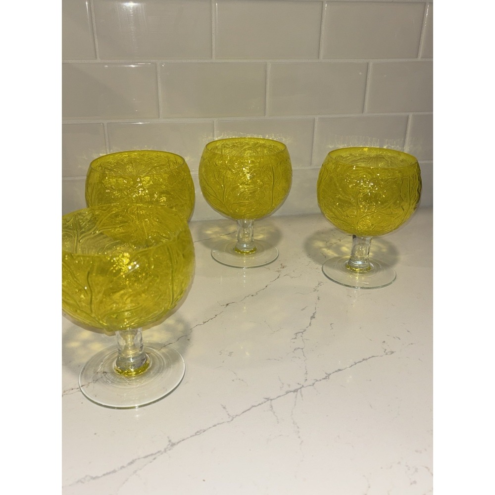 Set Of 4 CABBAGE LEAF SIGMA RETIRED SECLA YELLOW GLASSWARE CABBAGE‎ GOBLET EUC